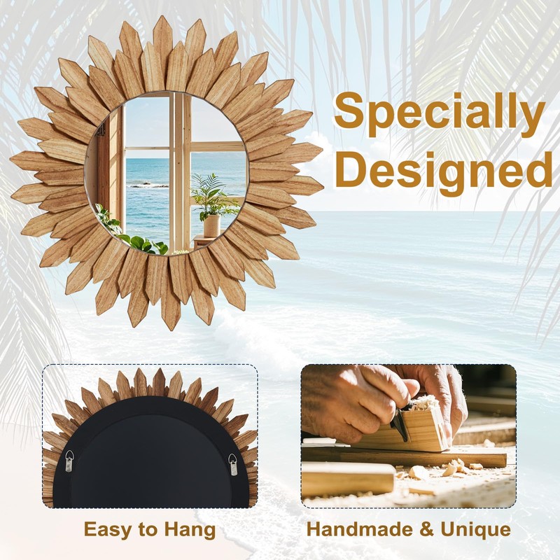 VETROVUE 20 Inch Brown Boho Wall Decor Sunburst Mirror -