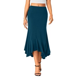 OPOIPIN Women's Stretchy High Waist Ruffle Asymmetrical Hem Flowy Midi Skirt Teal Blue Small