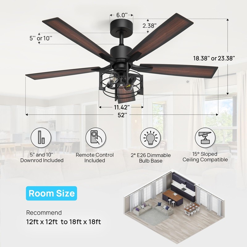 Consciot 52 Inch Ceiling Fan With Lights, Farmhouse Indoor Ceiling
