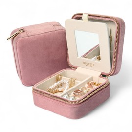 BLUTETE Travel Jewelry Box Organizer Velvet Travel Case With Mirror Ring Earrings Necklaces Storage Organizer Box (Dusty Pink)