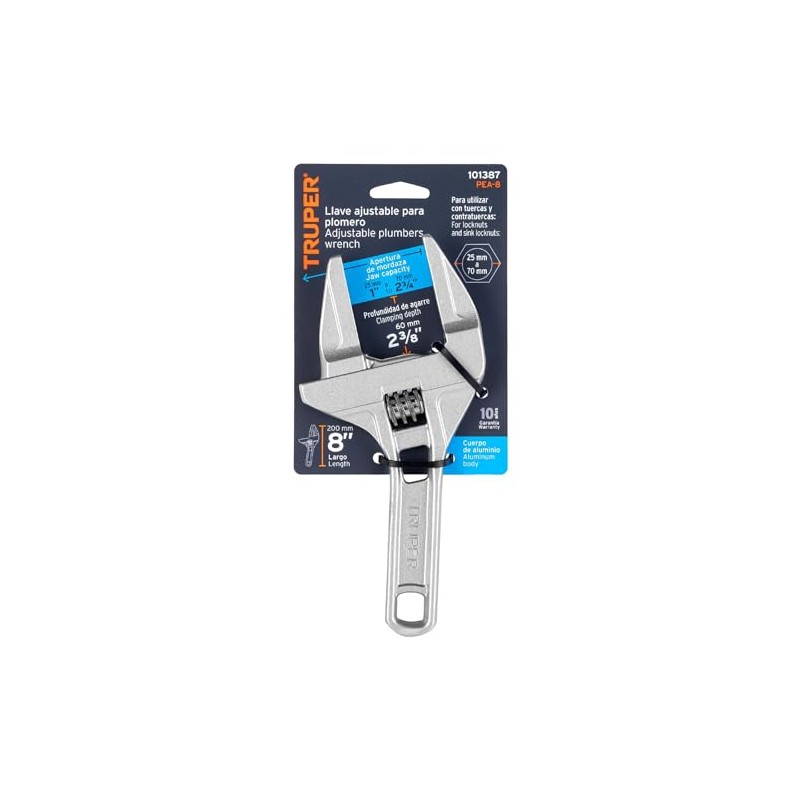 Truper PEA-8, Llave ajustable 8" para plomero apertura 3" suave