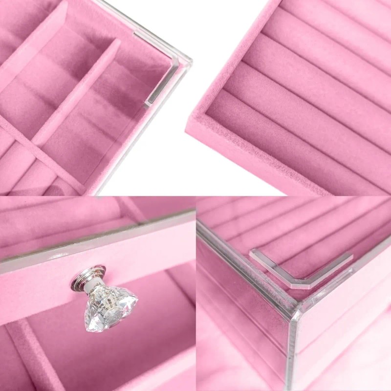 Joyero De Terciopelo Acrílico Transparente Con 3 Cajones