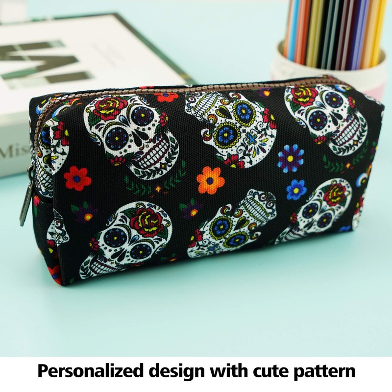 LParkin Sugar Skull Pencil Case Super Large Capacity Canvas Pen