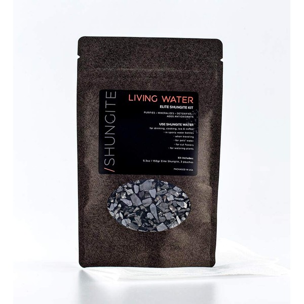 Modern ŌM Shungite Living Water Kit | Ready to Use Authentic Elite Shungite Detoxification Stone Gravel Pouch Kit for Natural Water Purification, Neutralizes Bacteria, Contains Antioxidants (150g)