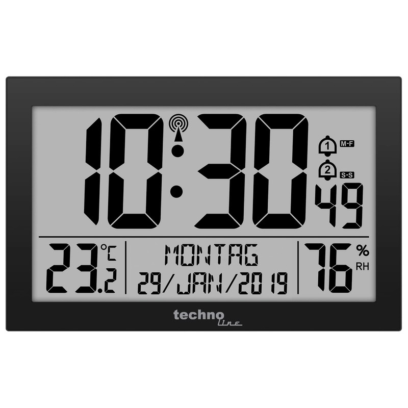 Technoline Dirgitale, modern radio wall clock in black, Acrylonitrile Butadiene