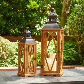 Glitzhome 2 Pack Farmhouse Diamond Wood/Metal Decorative Candle Lanterns Vintage Hanging Antique Lantern for Patio - Tabletop, Black (No Glass)