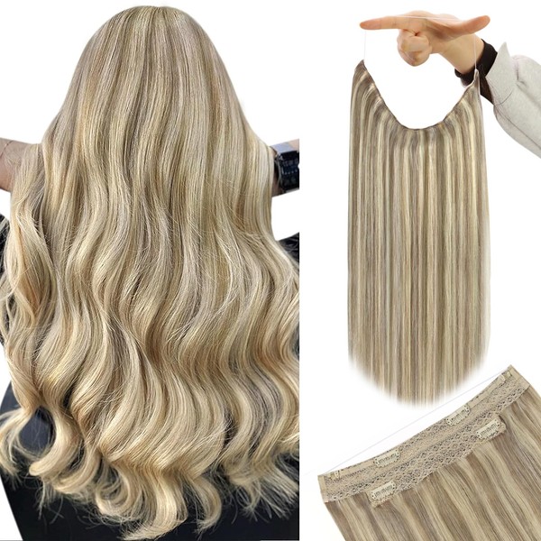 YoungSee Wire Hair Extensions Highlight Invisible Wire Human Hair Extensions Highlights Light Brown with Platinum Blonde Real Hair Wire Extensions Blonde Fish Line Hair Extensions 70G 12Inch