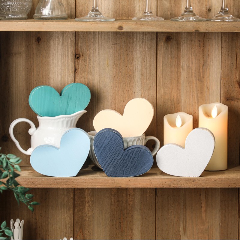 Wood Winter Heart Centerpieces for Tables - 5 Piece Blue