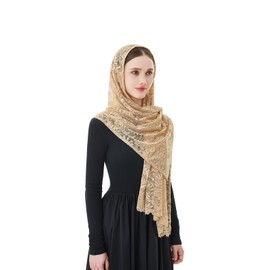 Wgior Elegant Floral Catholic Church Veil, Soft Mantilla Chapel Prayer Scarf Wrap Shawl Headscarf (Beige)