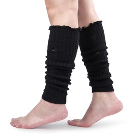 BomKinta Women Leg Warmers with Holes Retro Ruffle Leg Sleeves Soft Knee High Footless Socks Black