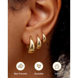 3Pairs 14K Gold Plated Hoop Earrings Set for Women Chunky Earring Silver Plated Hypoallergenic Small Huggie Hoops Lightweight Tiny Thick Trendy Hoop Earrings Stacks for Multiple Piercing(14k gold plated)