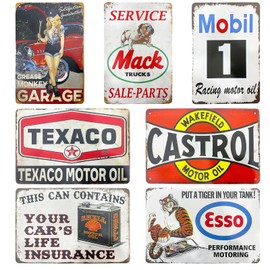 7er Set Retro Garage Deko Blechschilder, 20 x 30 cm Garage Blechschilder, Vintage Blechschild Retro, Auto Bar Schild Benzin, Motorrad Metallschild, Deko Metall Post
