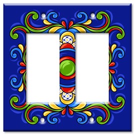 Art Plates - OVERSIZED Switch Plate - OVER SIZE Decorative Metal Wall Plate - 2 Gang Decora - Dark Blue Mexican Talavera Tile (PRINTED IMAGE) - (Made in USA)