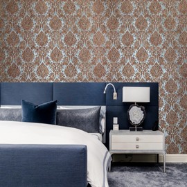 Steel Gray Bronze Copper Metallic Victorian Damask Faux Fabric Texture Wallpaper