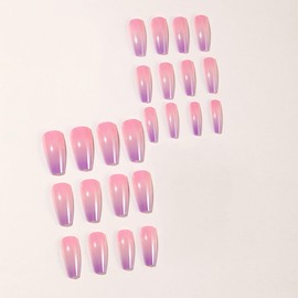 MERVF Coffin Press on Nails Long Fake Nails Purple Pink Ombre French Tip Glue ons Chrome Design Acrylic Ballerina Solid Color Nail Supplies DIY Summer Manicure Glossy 24pcs
