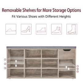 DINZI LVJ Shoe Bench, Entryway Storage Bench with Drawer and 11 Cubbies, Cubby Shoe Rack with Adjustable Shelves, Organizer Cabinet for Living Room, Bedroom, Mudroom, Closet and Garage, Greige