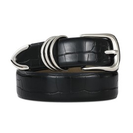 RISANTRY Women's Black Crocodile Belt with Silver Buckle Elegant Leather Alligator Waist Belt for Dress & Casual Wear