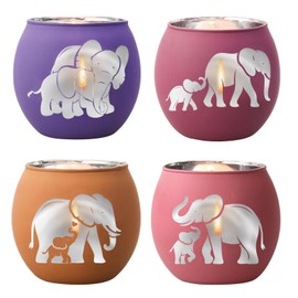 Elephant Tealight Votive Candle Holders - Frosted Glass with Silver Interior, Mother's Day/Birthday Gifts for Mom, Mother Child Elephant Decor for Home