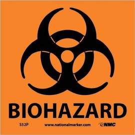 NMC S52P Warning Sign with Graphic, "BIOHAZARD", 7" Width x 7" Height, Pressure Sensitive Vinyl, Black on Orange