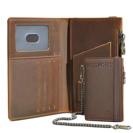 Handadsume Thick Crazy Horse Leather Functional RFID Blocking Passport Holder Case Travel Bifold Snap Chain Security Wallet for Men Male 2801, 2801 Brown, Retro