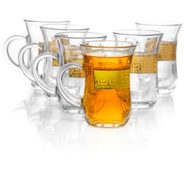 Red Co. Set of 6 Decorated Clear Glass 5 Fl Oz Turkish Tea Cups with Golden Greek Key Pattern and Handle