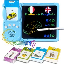 KILOGOGRAPH Drawing Writing Tablet for Toddlers - Talking Italian English Flash Cards for Kids 3-12, Bilingual Italiano Sensory Toys for Autistic Children, 510 Sight Words, Pocket Speech (Blue)