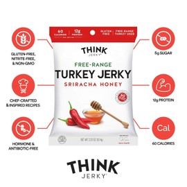 Think Jerky Beef and Turkey Jerky Variety, Original, Sweet Chipotle, Sriracha Honey, Sesame Teriyaki, Healthy Meat Snack, Low Calorie Low Fat - 2.2 oz Bags, 4 Pack, 1 of Each