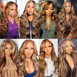 Dokksiiia P427 Highlight Honey Blonde Bundles Human Hair Body Wave Bundles Piano Color Dark Brown and Honey Blonde Blend Double Weft Brazilian Human Hair Extensions 26 28 30 Inch