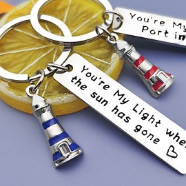 Keyring for Couples, for Boyfriend Husband Gift, You’re My Port in A Storm Keyring Set of 2, Birthday Valentines Gift for Him, Lighthouse Gift Long Distance Keyring Christmas Wedding Gift for Men