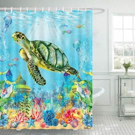 Juirnost Sea Turtle Shower Curtain Ocean Shower Curtain for Bathroom Underwater Seashell Tropical Marine Animal Nautical Beach Shower Curtain Bathtub Decor with 12 Hooks Washable Fabric 72"x72"