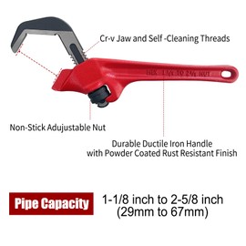 Socpuro 9-1/2 Inch Offset Hex Adjustable Pipe Wrench, CR-V Hook Jaw, 1-1/8 to 2-5/8 Inches