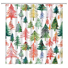 GCTNBJL Chistmas Tree Shower Curtain Red Green Pink Xmas Tree Forest Winter Holiday Cute Watercolor Bathroom Home Curtain with Hooks,70x70 Inch