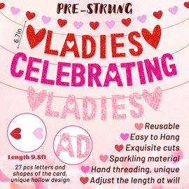 Ladies Celebrating Ladies Banner, Galentines Day Decorations Pre-assembled Galentines Day Banner with Love Hearts Valentines Day Hanging Swirls Galentines Day Decorations for Party