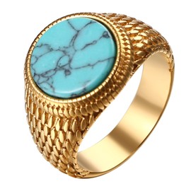 Oidea Retro Turquoise Signet Rings for Men: Stainless Steel Men's Rings Cocktail Party Biker Pinky Thumb Band Engagement Wedding Statement Ring Jewelry Gifts Gold Size 7