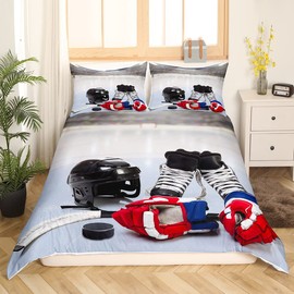 Ice Hockey Bedding Set Twin Size for Kids Boys Bedroom,Hockey Player Bed Duvet Cover Set,Sports Games Comforter Cover Ice Sports Decor 2 Pieces 1 Duvet Cover with 1 Pillowcase No Comforter
