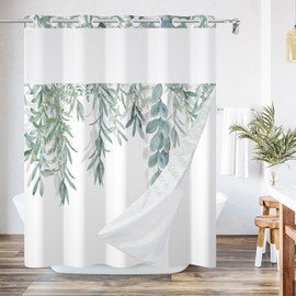 AWERT No Hook Shower Curtain with Snap in Liner Sage Green Plants Shower Curtain and Liner Set Double Layers Waterproof Fabric and See-Through Top Window Bathroom Decorative 71x83inch