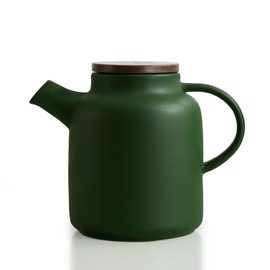 Yundu 1500ml / 50 oz Ceramic Teapot with Infuser & Wood Lid - Matte Green, Loose Leaf Tea Pot with Removable Strainer, Large Capacity