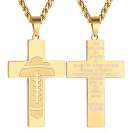 GLITTO Football Cross Necklace for Boys Men Stainless Steel Pendant Chain Religious Christian Baptism First Communion Confirmation Stuff Gear Accessories Jewelry Gift Serenity Prayer Gold