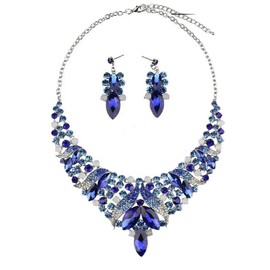 Qlavoca Rhinestone Crystal Rib Statement Necklace Earrings Charming Spark Chunky Collar Necklace Earrings Women Fashion Jewerly Set (Royal Blue)