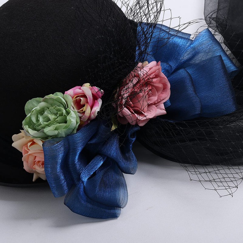 COSDREAMER Women Victorian Dome Hat Long Lace Rose Flower Black