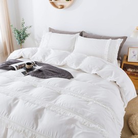 Softta White Tassel Bedding Duvet Cover California King 3 Pcs Bohemian Bedding Vintage and Farmhouse 100% Washed Cotton Boho Bed Cover White Zipper Closure