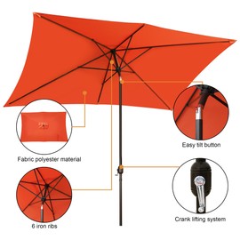 Blissun 10' Rectangular Patio Umbrella Outdoor Market Table Umbrella with Push Button Tilt and Crank, Orange