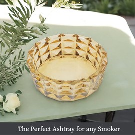 Round Amber Glass Ashtray 7.75" by Fujima- Electroplated, Round Wave Design. Ideal for Home, Office, and Outdoor Use.
