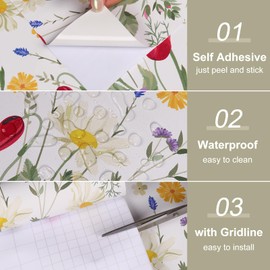 VaryFloral White Floral Wallpaper Colorful Flowers Peel and Stick Wallpaper 30.5cmx300cm Contact Paper Watercolor Daisy Sticky Back Vinyl Tropical Leaves Wall Stickers Vinyl Wrap for Furniture Room