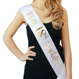 It's My 18th Birthday Sash White with Rose Gold Foil Lettering for Girls