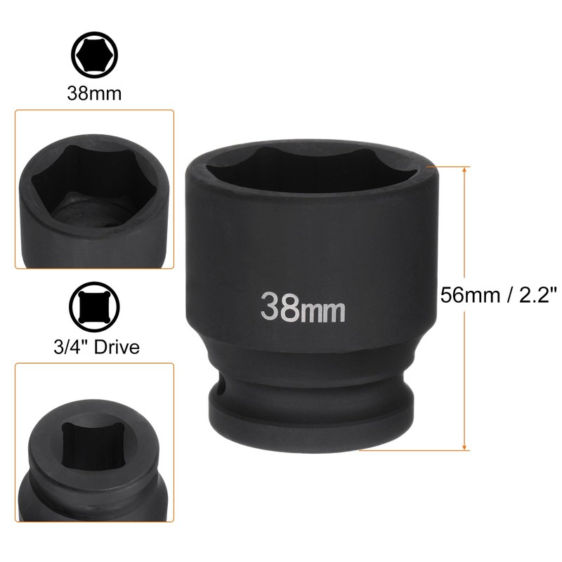 sourcing map 6-Point Impact Socket 3/4" Drive 38mm Metric 40Cr