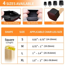 Ezprotekt 24 Pcs Square Chair Leg Floor Protectors for Hardwood Floors, Silicone Felt Furniture Pads, Table Chair Leg Cups Covers, Bar Stools Leg Protectors Caps (XL Fit: 1.5" - 2", Black)
