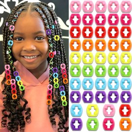 NAISKA 60Pcs Rainbow Hair Beads for Kids Girls Cross Hair Beads for Braids Cute Acrylic Dreadlock Beads Braid Charms Loc Jewelry Candy Hair Accessories