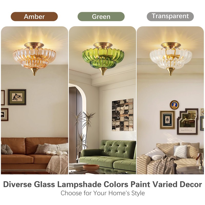 FTL Gold Semi Flush Mount Ceiling Light, Vintage Scalloped Transparent