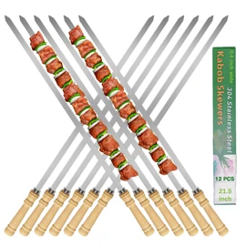 JOWHONK 21.5 inch Long Flat Skewers for Kabobs (12 PCS),0.4" Wide 304 Stainless Steel Barbecue Kebab Skewers for Grilling with Wood Handle,Durable for BBQ Metal Kabob Skewer Sticks for Outdoor